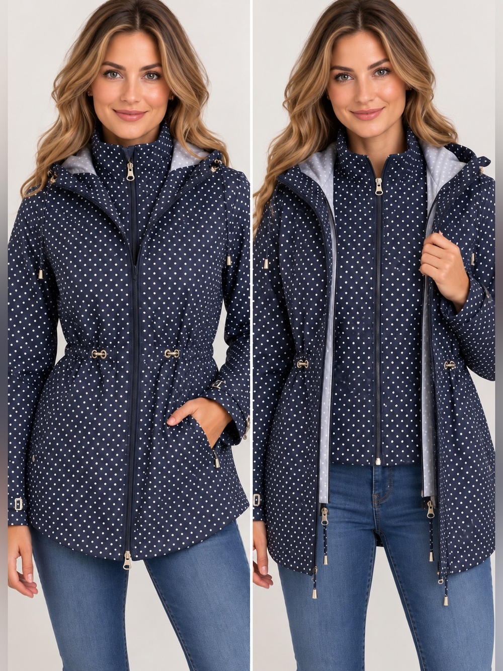 Jones New York S/C Navy Polka Dot 2-in-1 Layered Hooded Rain Jacket